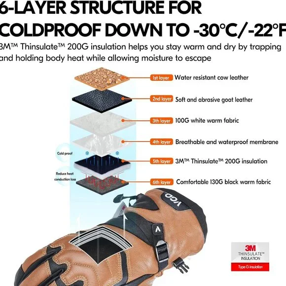 Leather Warm Ski Gloves - Picture 5 of 7